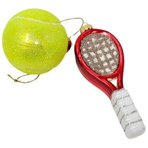 Tennis Ball and Tennis Racket Glass Ornament Set - Gift